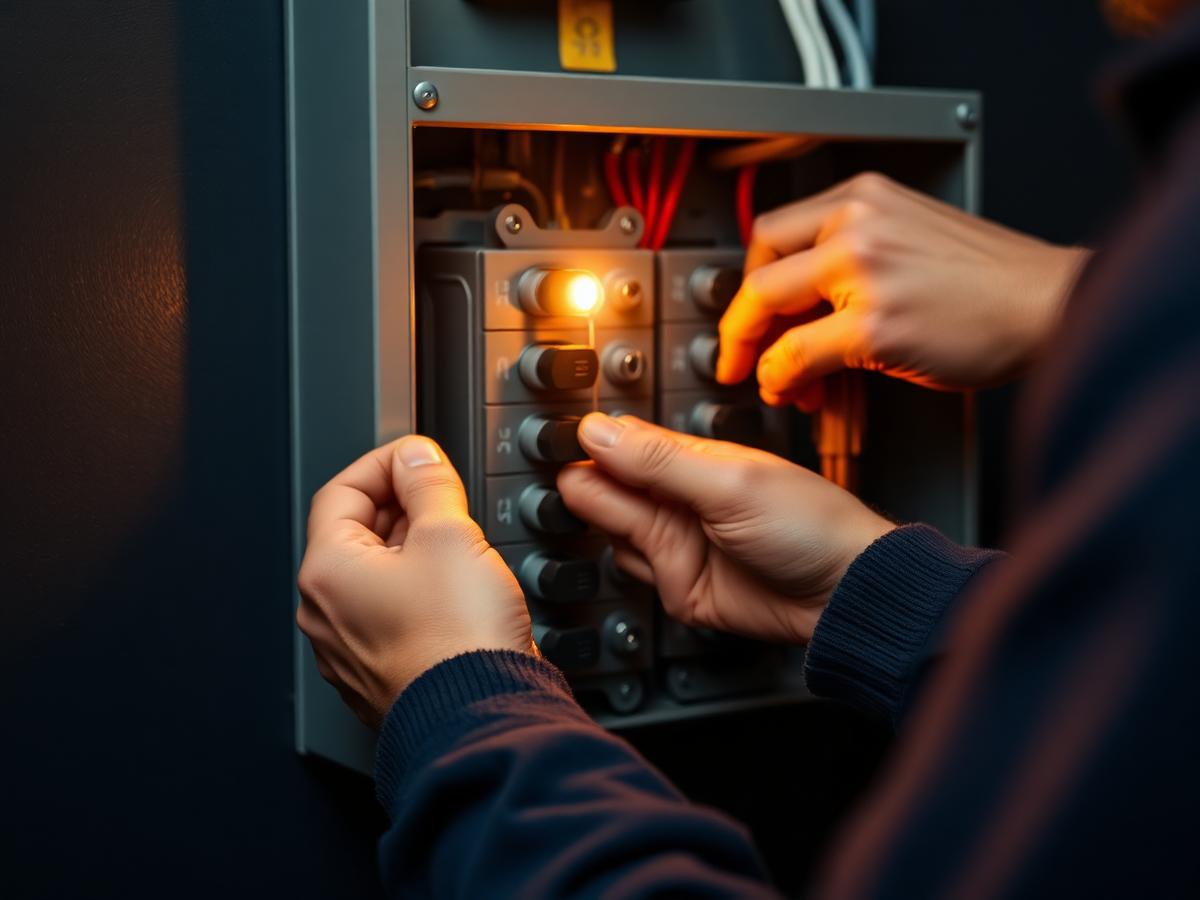 Electrician working inside a breaker panel